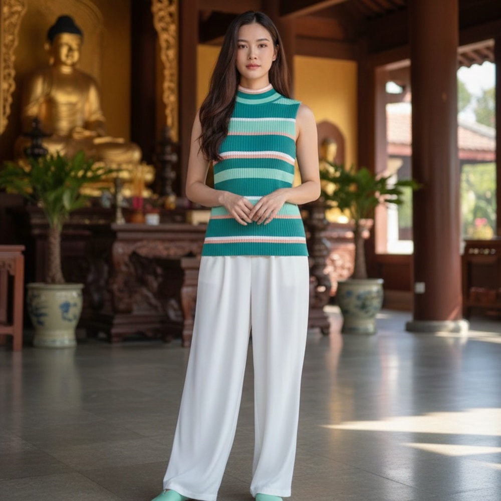 Mint Green, Teal Green, Peach & White Striped Sleeveless Mock Turtleneck Sweater